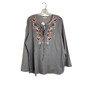 Magazine Grey/Ash Floral Embroidered Boho‎ Chic Tunic Peasant Blouse Size Large